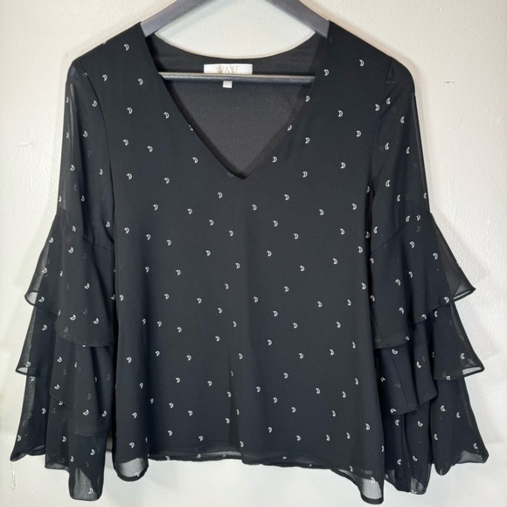WAYF moon print blouse sheer long bell sleeves black white witchy women small